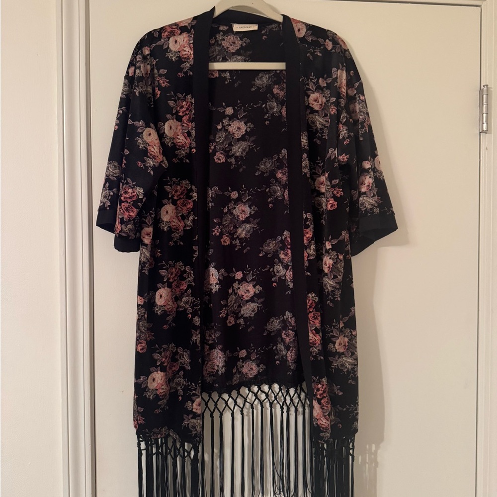 Crescent Black and Pink Floral Kimono